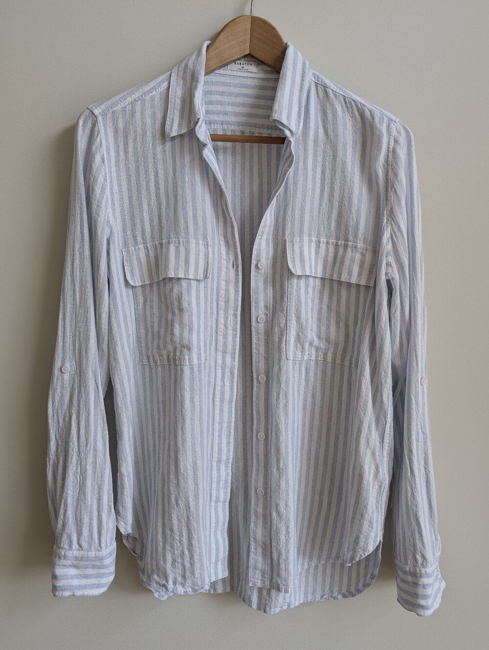 Babaton XS Linen Blend White Blue Striped Button Down Shirt Blouse Top Aritzia